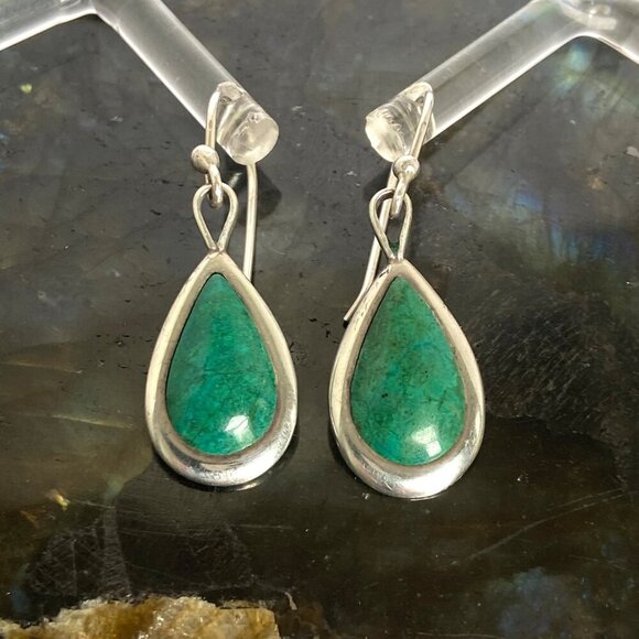 Sterling Silver 925 Southwest Style Chrysocolla Teardrop Dangle Drop Earrings - Picture 5 of 16